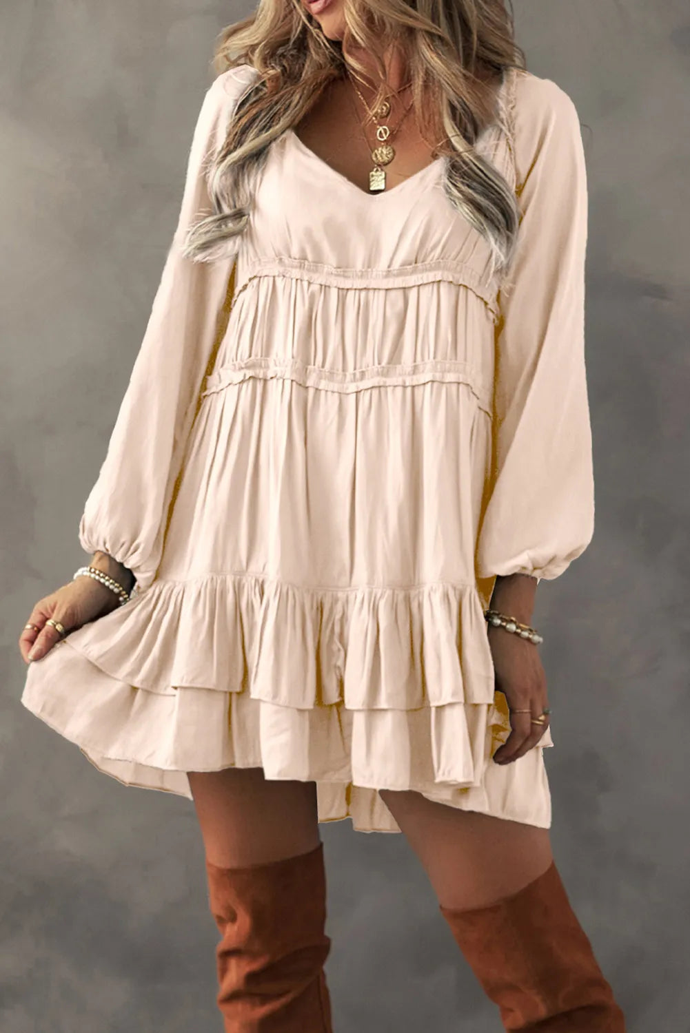 Frill Ruffled V-Neck Long Sleeve Mini Dress