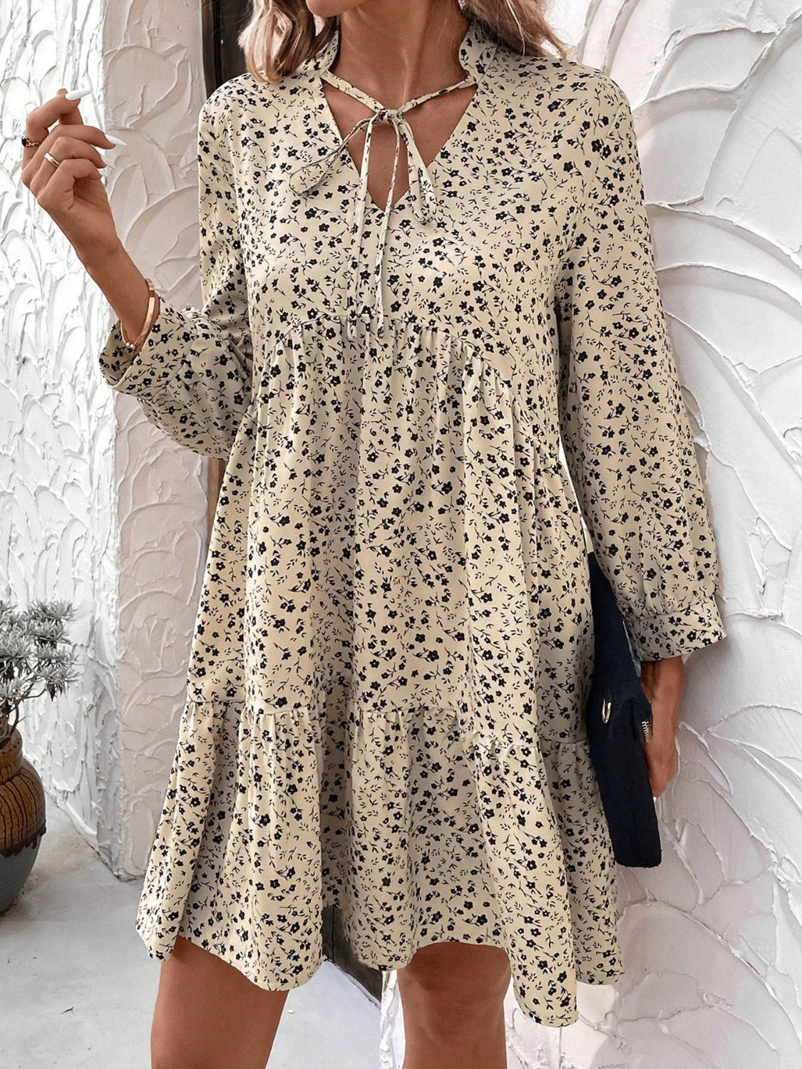 Tied Printed Long Sleeve Mini Dress