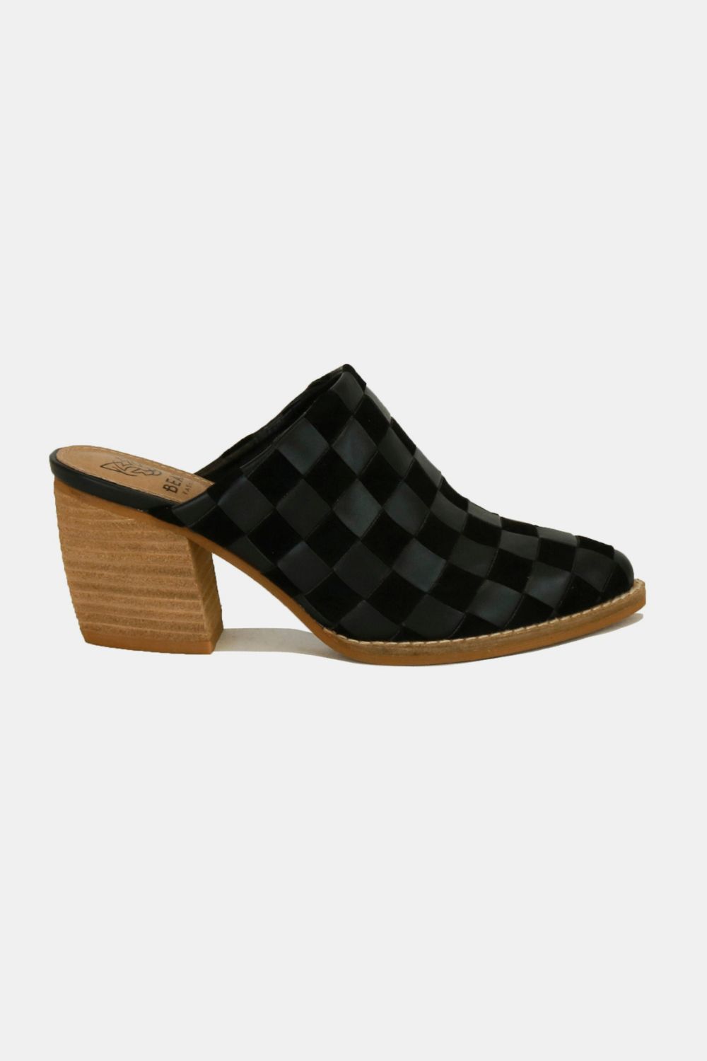 Beast Fashion Woven Checkerboard Block Heel Mule Shoes