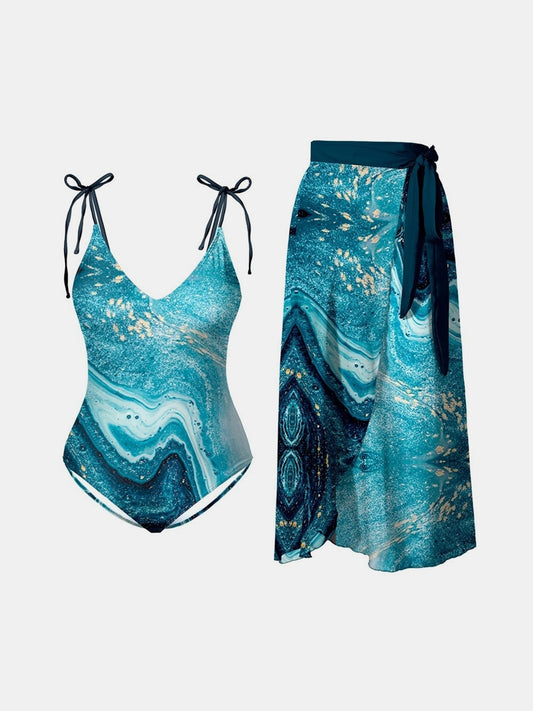 FAM-FAM Printed Tie Shoulder Swimwear and Skirt Swim Set