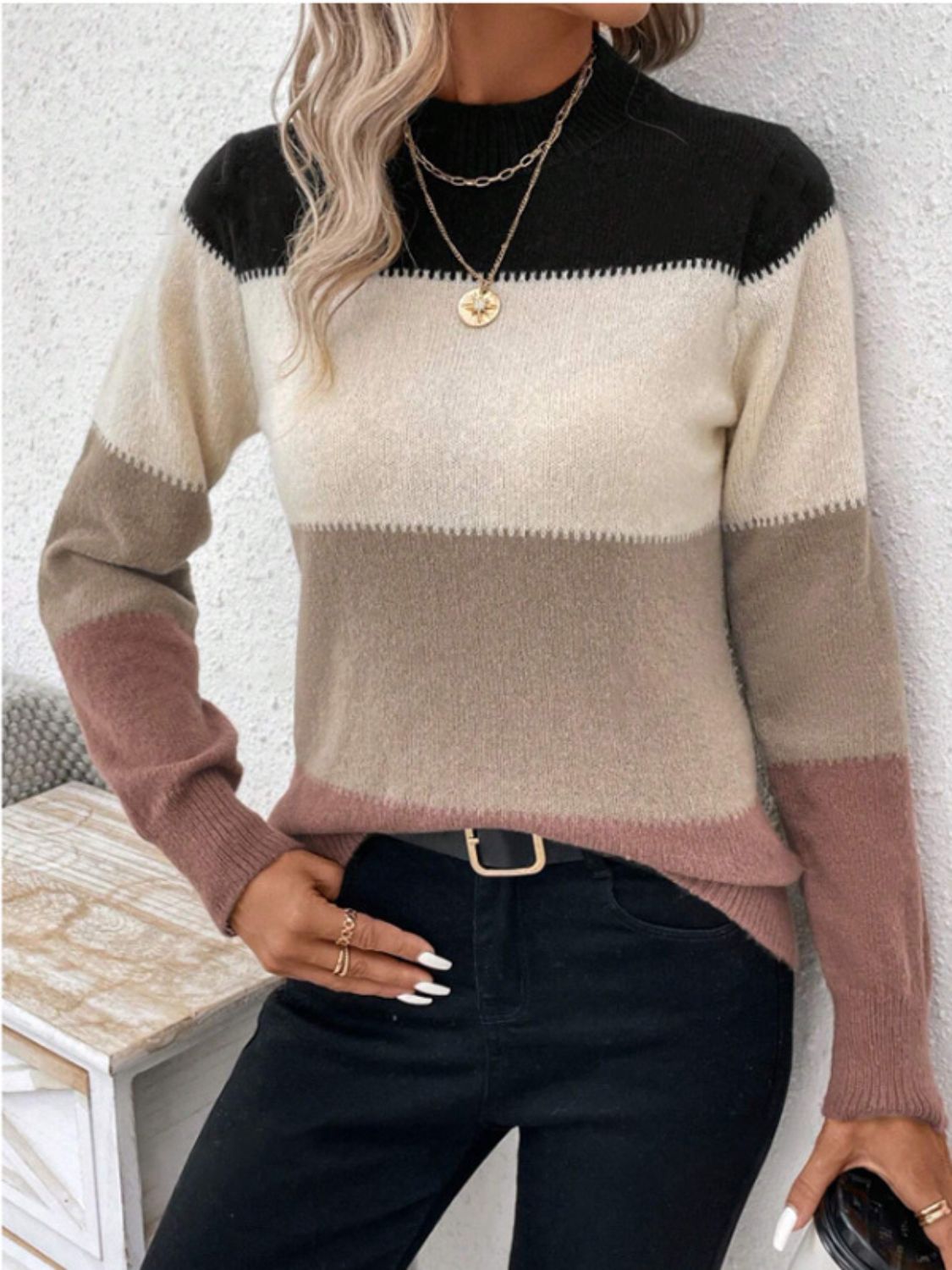 Color Block Mock Neck Long Sleeve Sweater