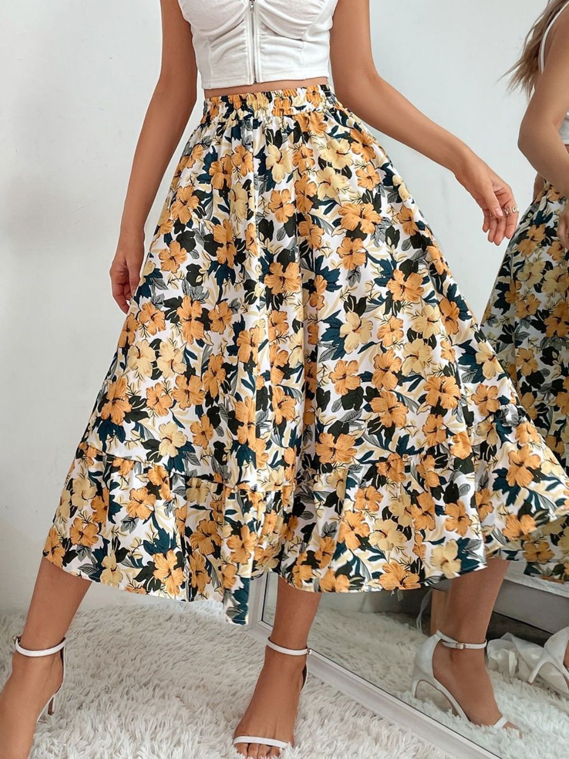 Printed Elastic Waist Midi Skirt