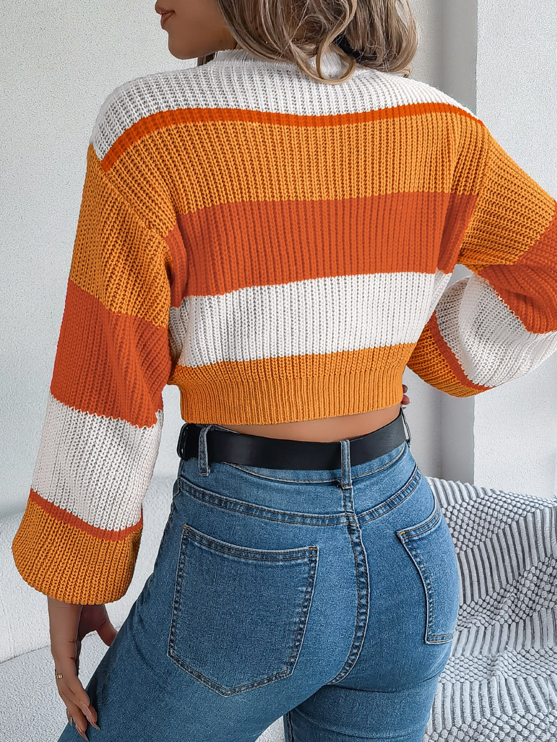 Color Block Round Neck Cropped Sweater