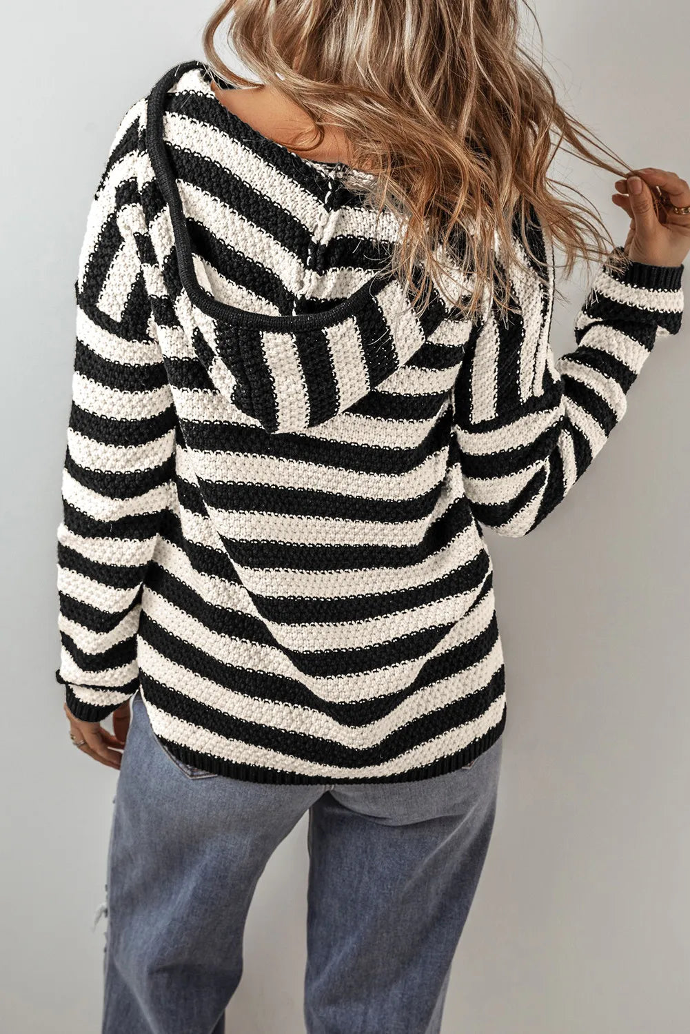 Drawstring Striped Long Sleeve Hooded Sweater