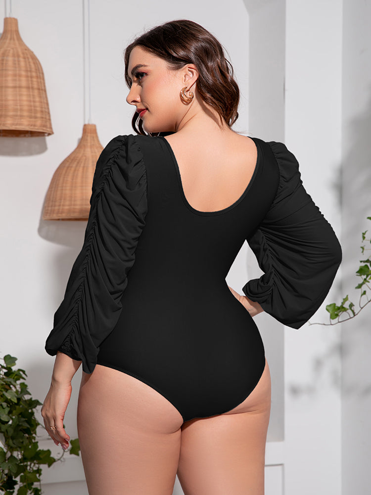 Plus Size Tied Deep V Balloon Sleeve One-Piece Swimsuit